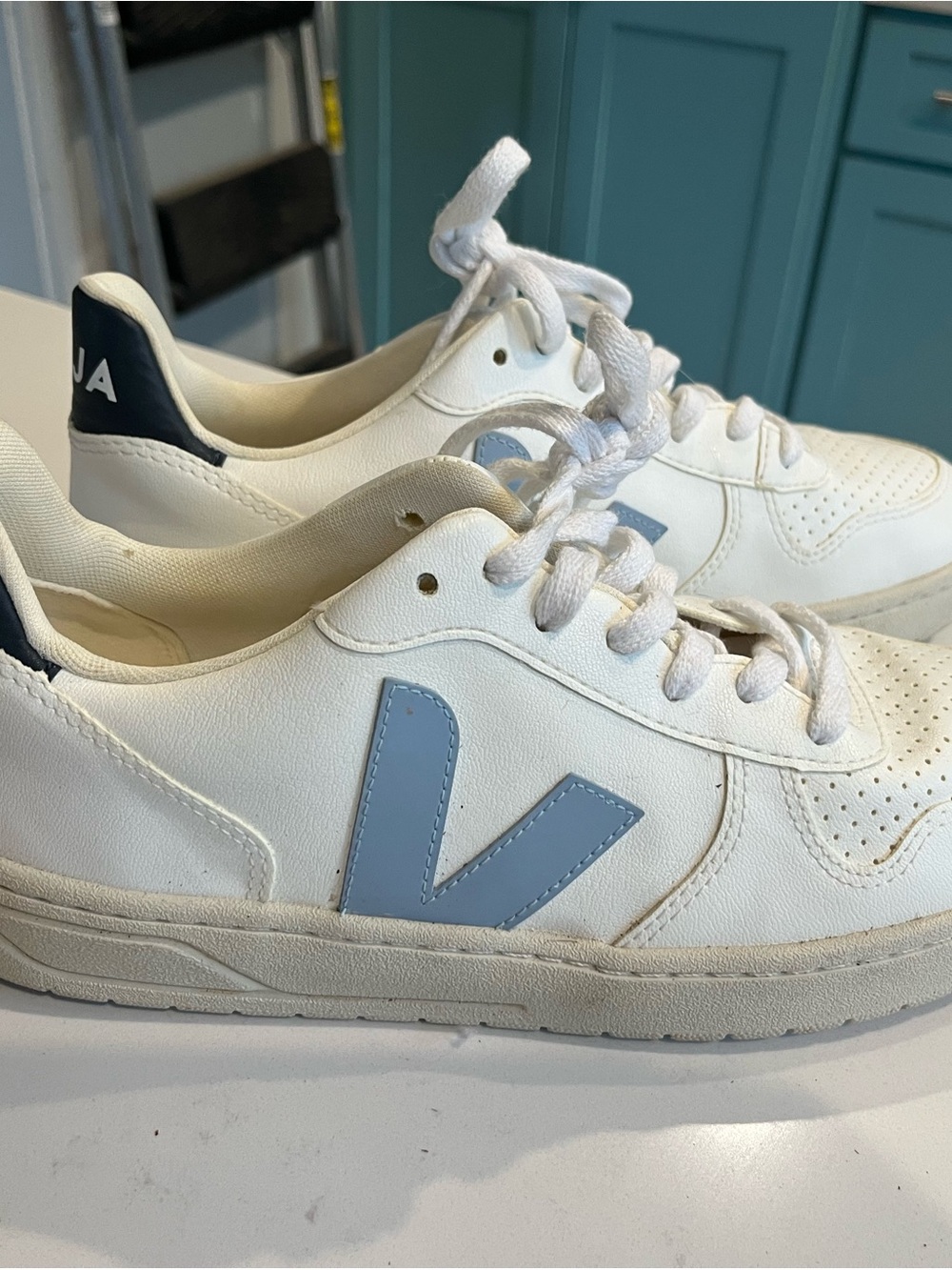 Veja White Sneakers with Light Blue V and Navy Heel